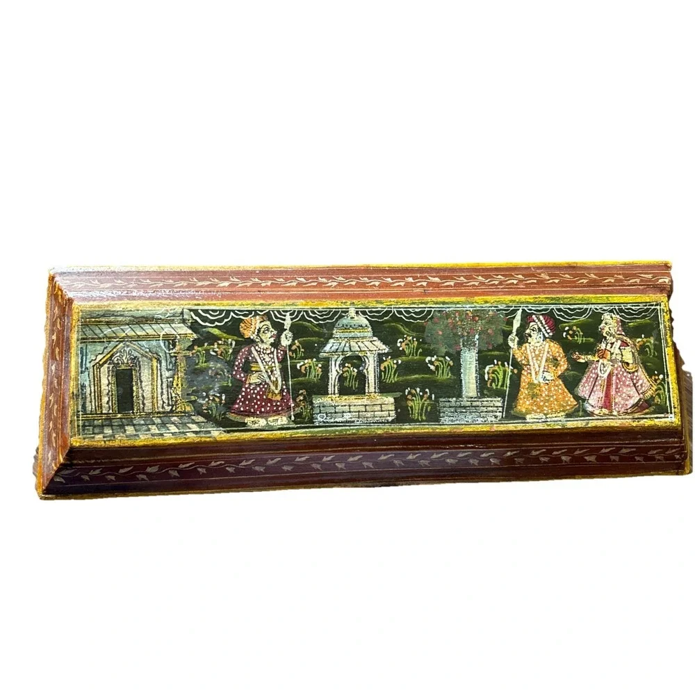 Vintage Wooden Box Ornate Hand Painted Indian‎ Design Jewelry Trinket Storage